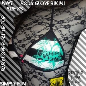 Body Glove Baby Love Padded Push Up Black White Teal Striped Floral Bikini Top
